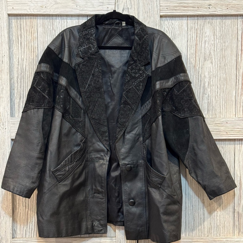 Preston & York Vintage Black Leather Jacket w/multiple patterns & textures sz XL